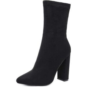 ⚡Women's Black Chunky Heels Pointed Toe Ankle Bootie High Heeled Winter Boot